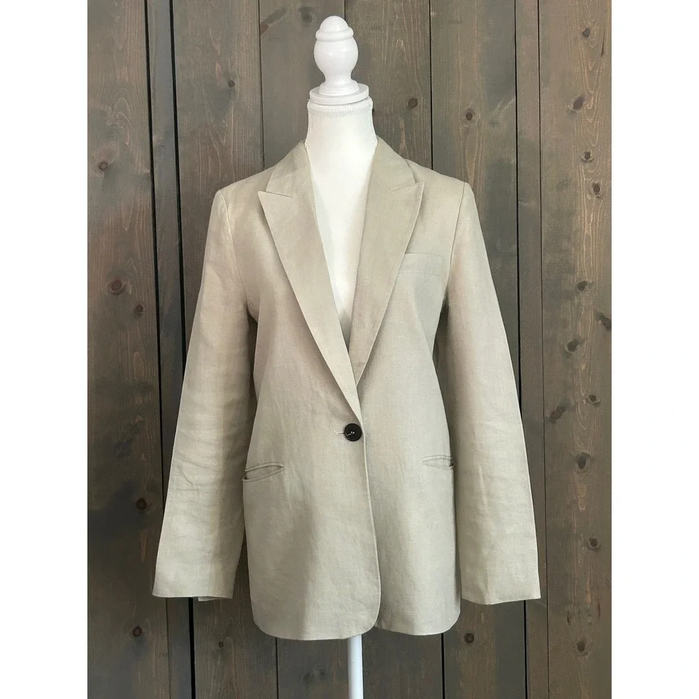 Zara Womens Beige Linen Blend Single Button Blazer Jacket XS Sand Peak Lapel